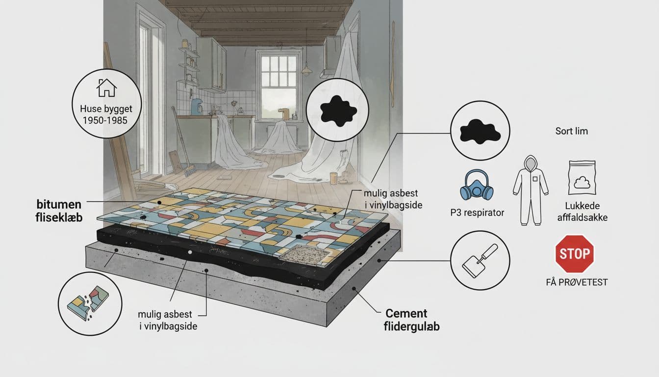 Infografik der viser et snit af et gammelt vinylgulv med limlag og beton, hvor mulige asbestzoner er markeret.