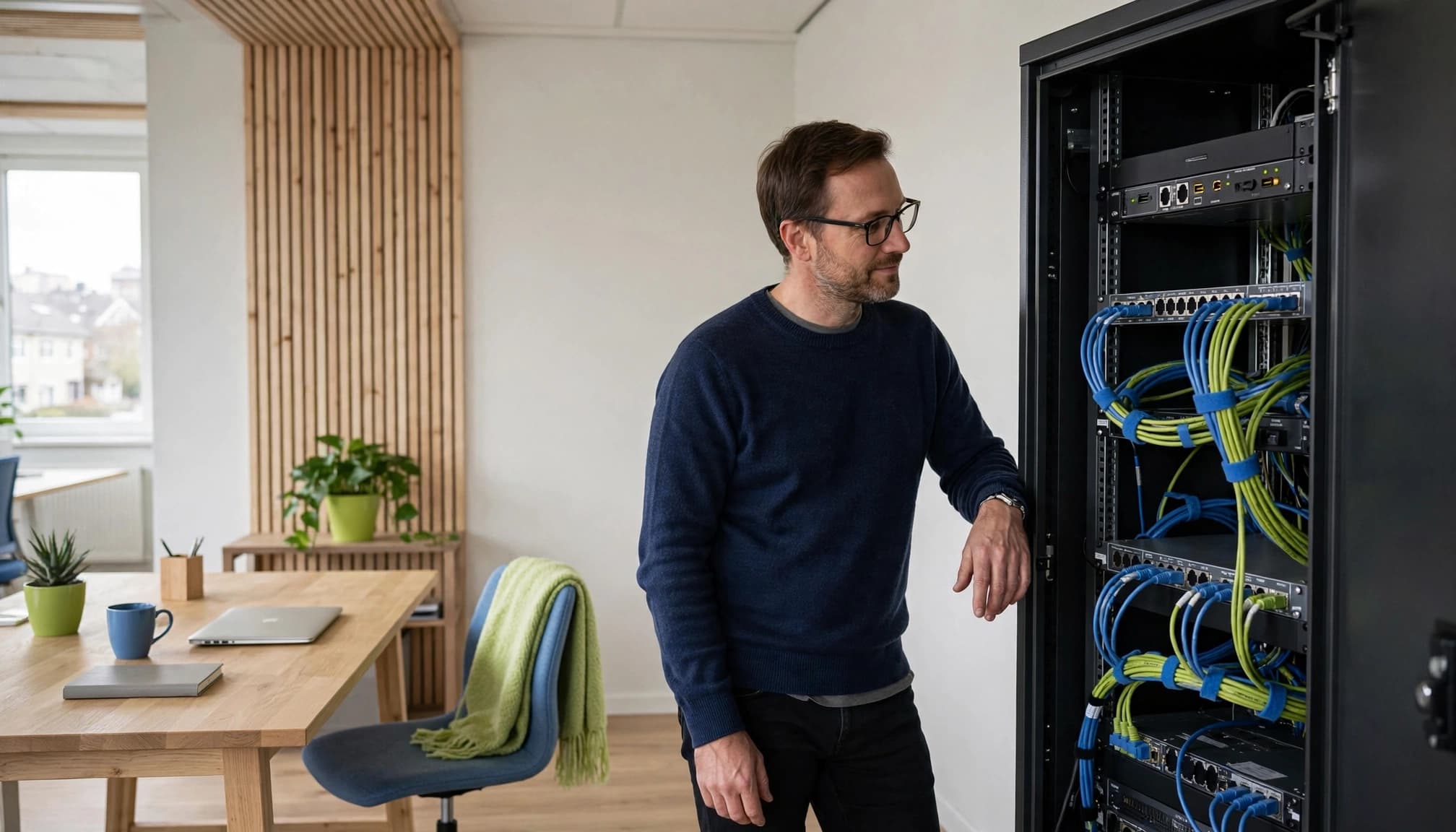 IT-medarbejder gennemgår firewall og netværksswitch i et kontorskab.