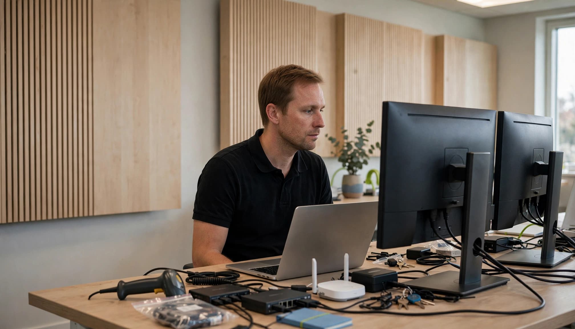 IT-medarbejder gennemgår udstyr på to skærme med bærbar computer og stregkodelæser på skrivebordet.
