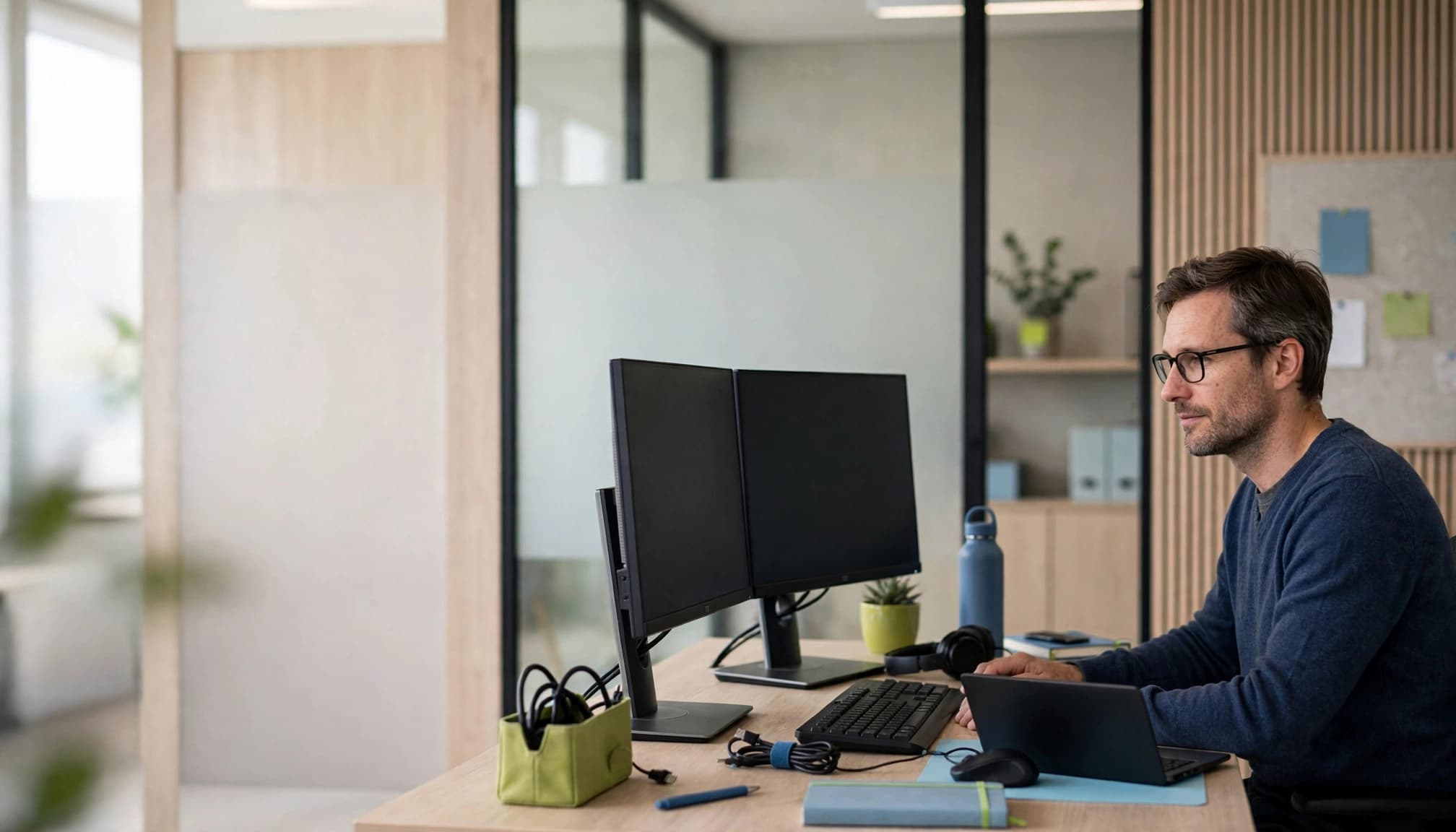 En IT-specialist arbejder ved en bærbar computer og to skærme på et lyst kontor.