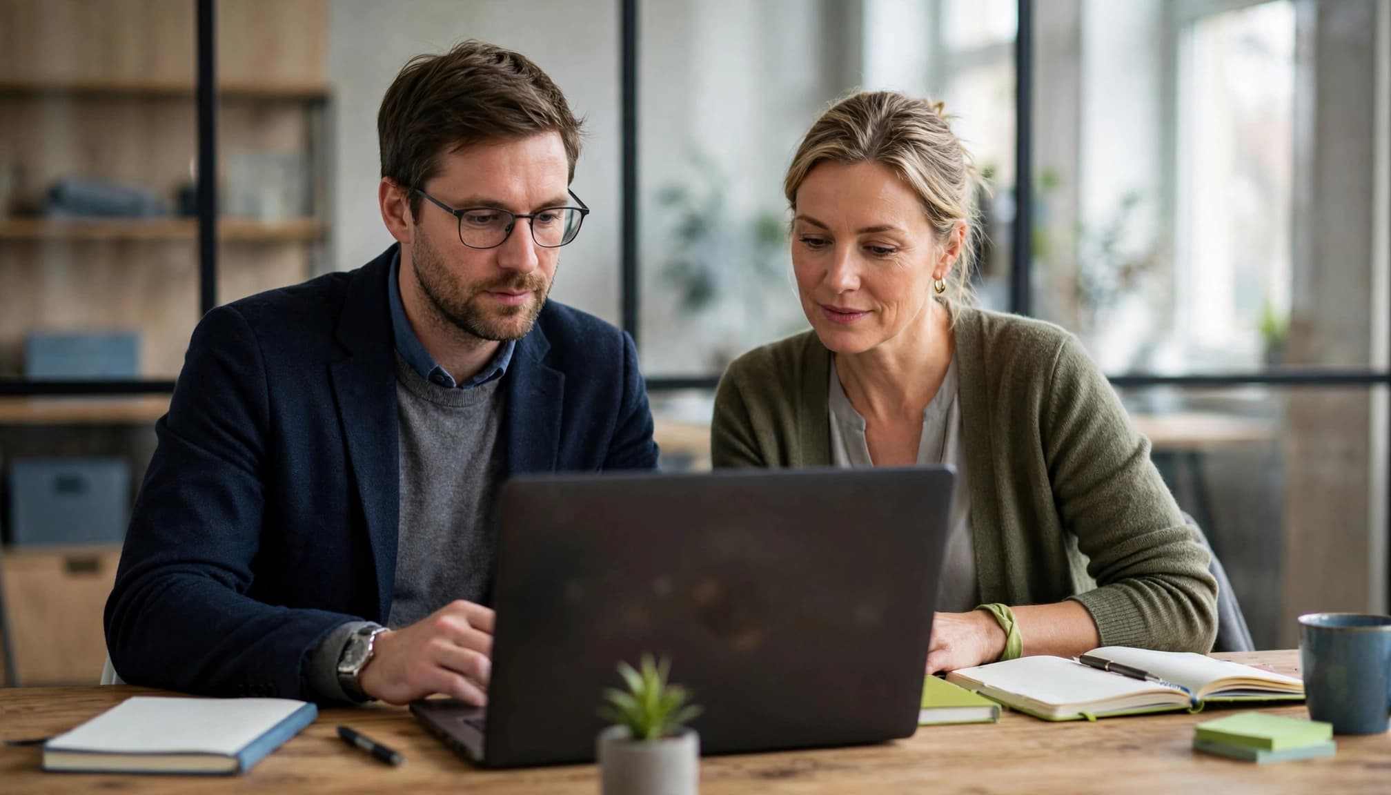 To personer gennemgår en licens på en bærbar computer ved et mødebord.