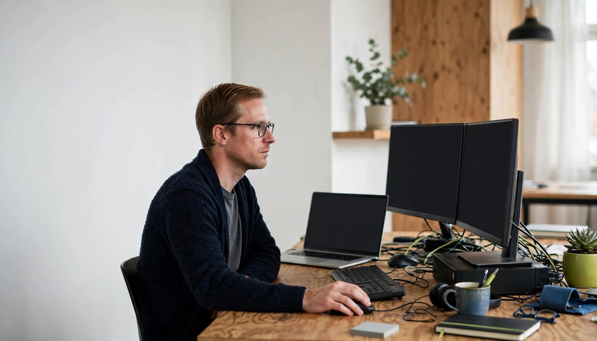 En IT-specialist gennemgår adgange på to skærme ved et skrivebord.