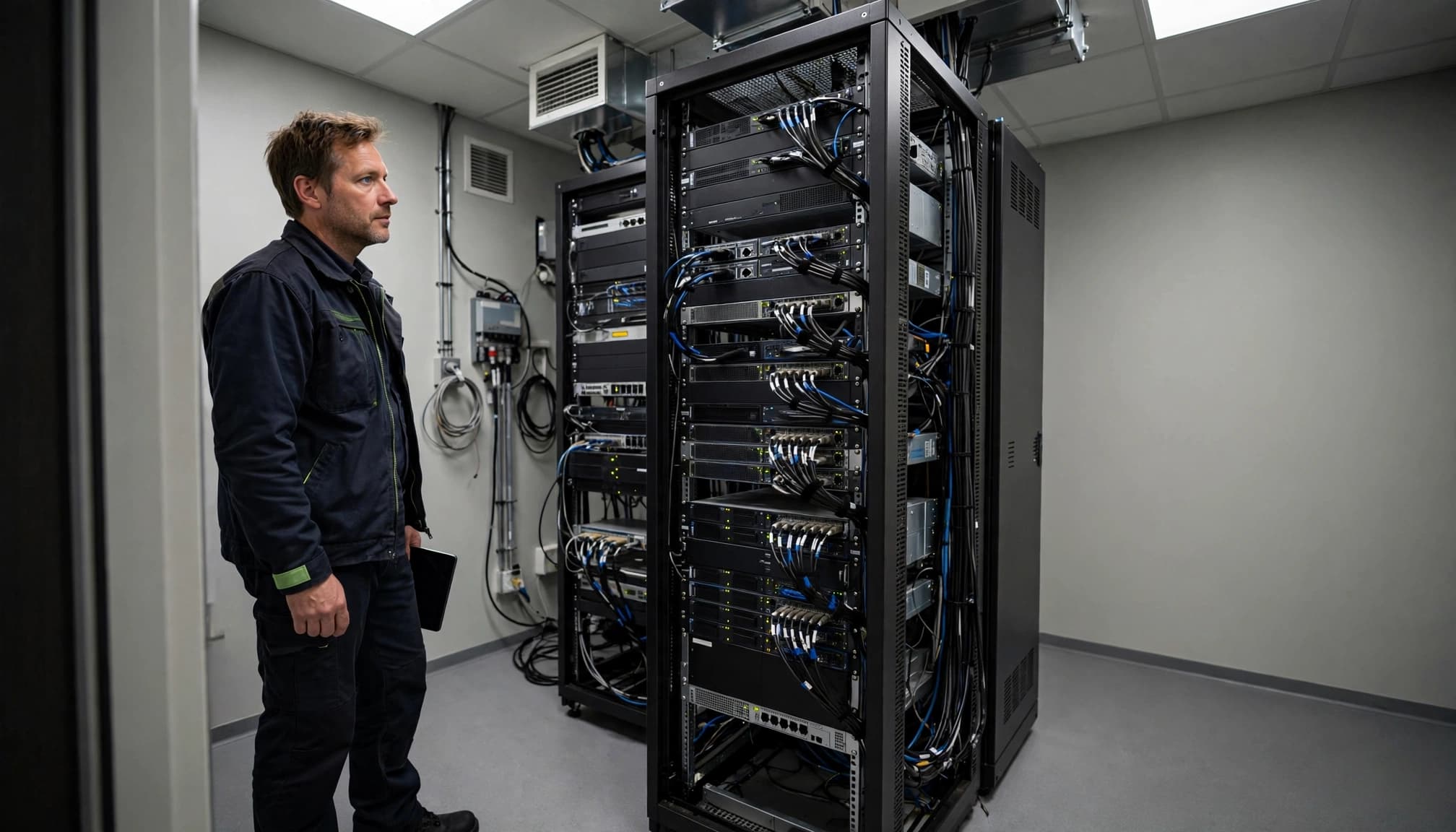 IT-konsulent med tablet ved serverrack i et ryddeligt serverrum.
