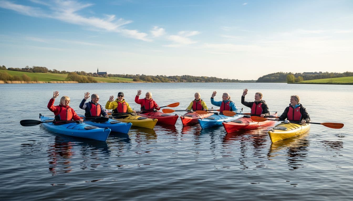En gruppe på 8 voksne kolleger i alderen 30-60 år, blandet køn, smiler og vinker mens de paddler i stabile havkajakker på en rolig dansk fjord nær Roskilde under solrigt forårsvejr.