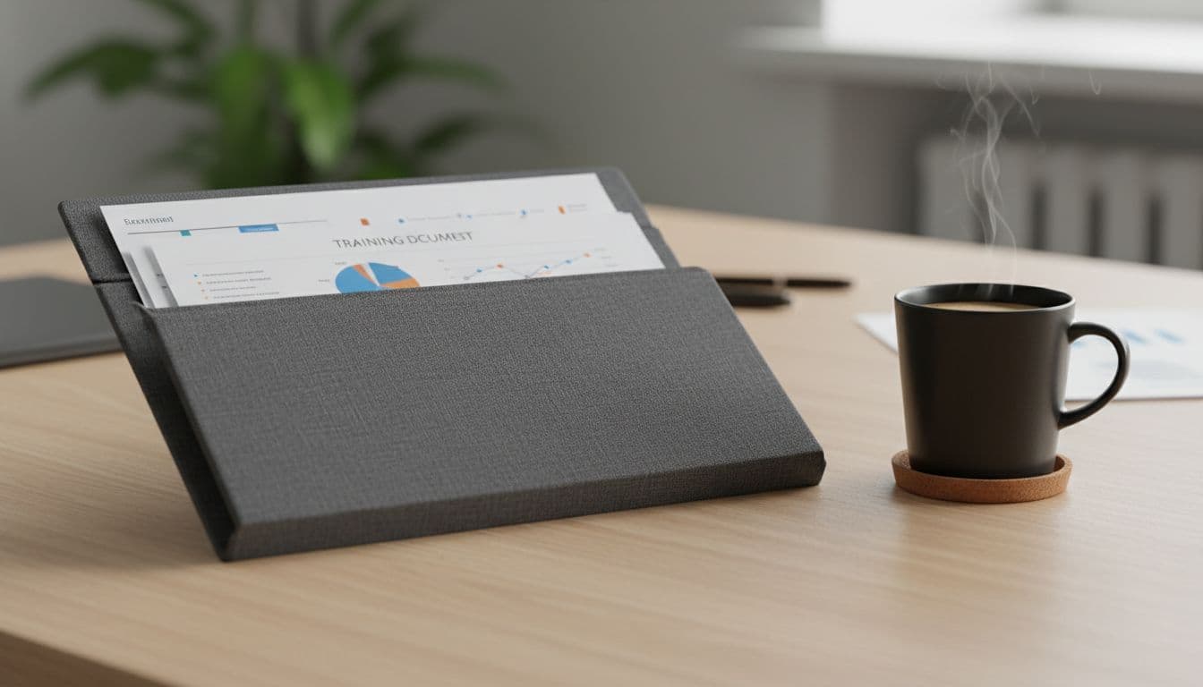 Clean folder of documents on a desk beside a coffee cup.