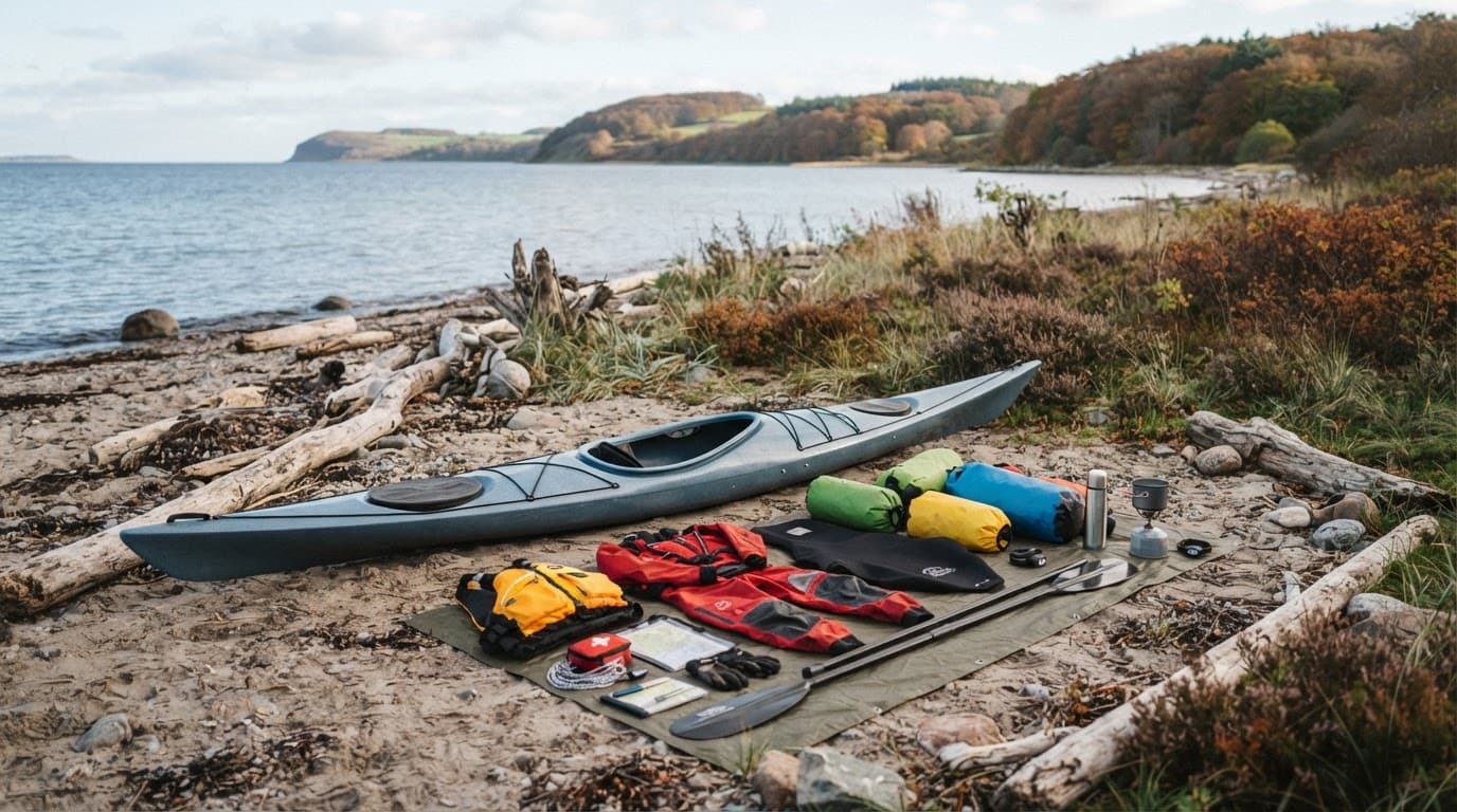 En havkajak med sikkerhedsudstyr og campinggrej på en dansk strand.