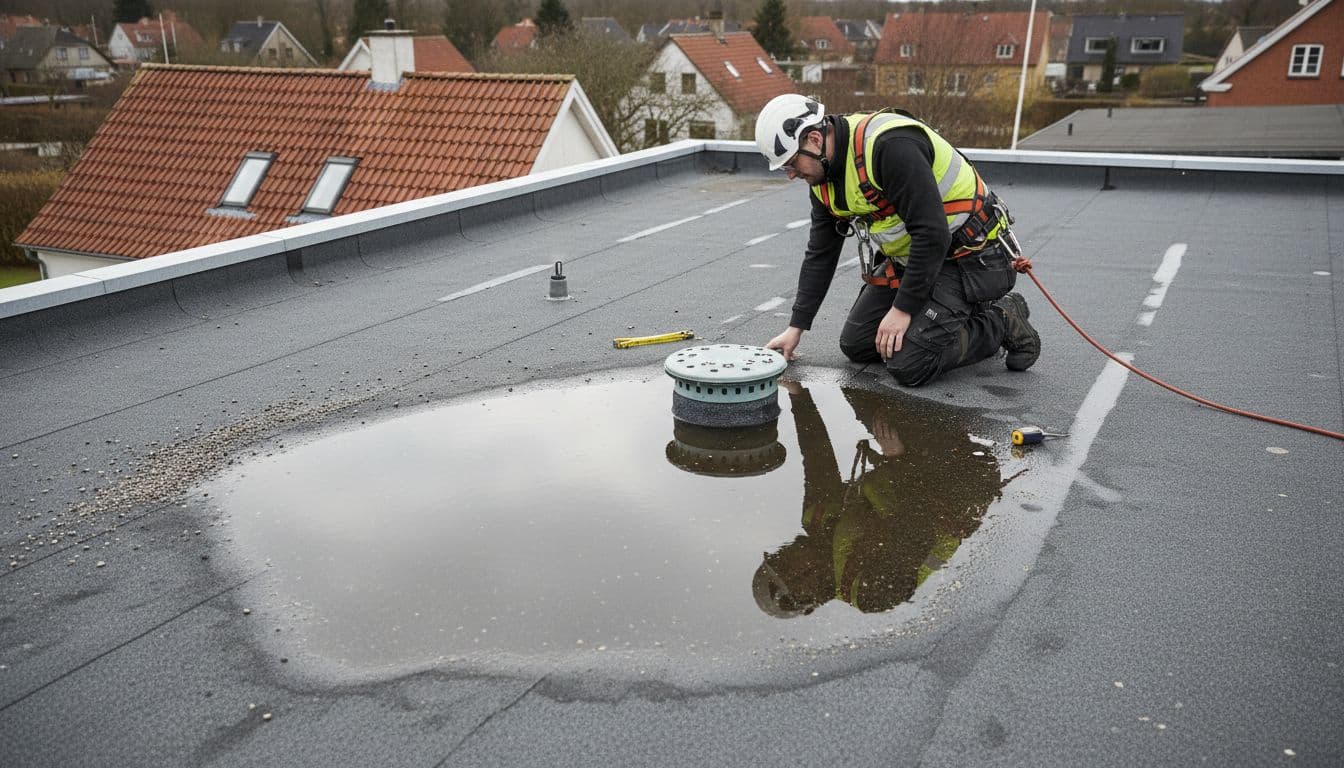 Taginspektion med faldsikring på fladt tagpap tag nær afløb og tagbrønd