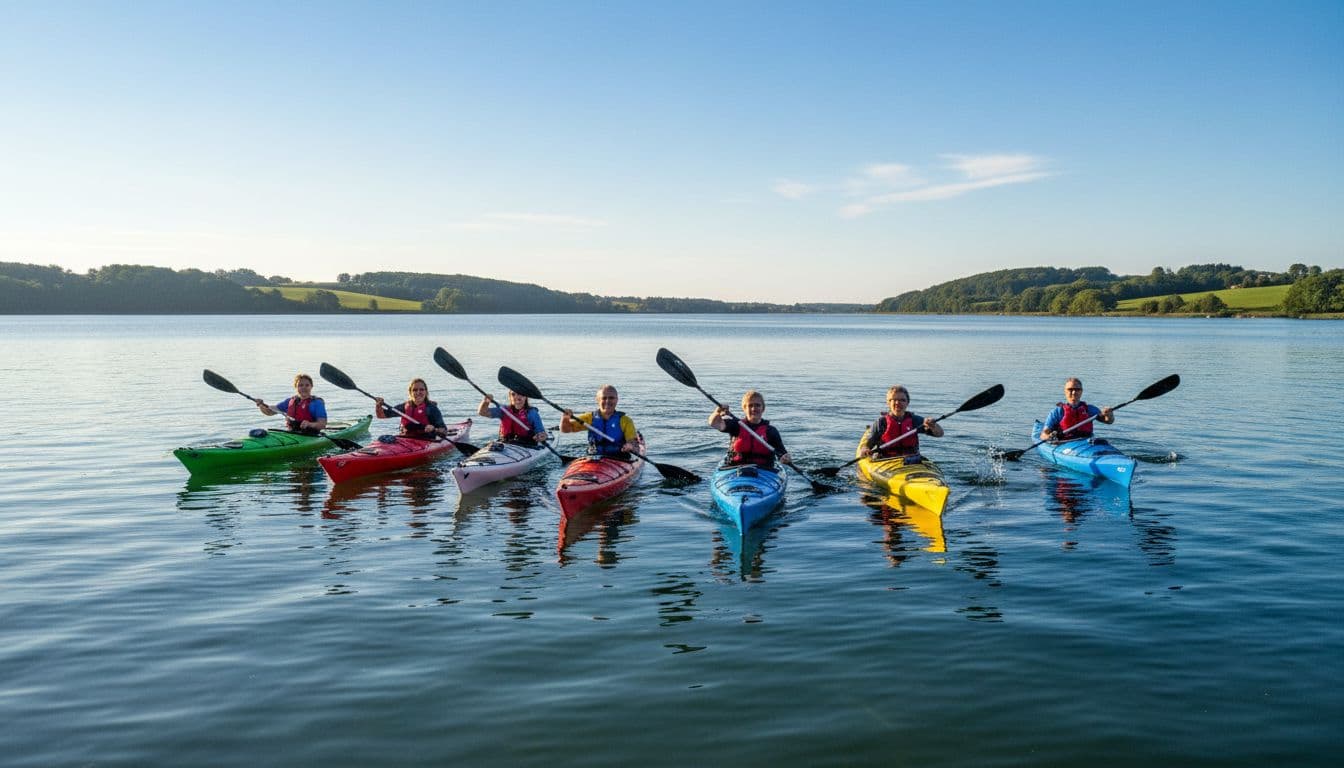 A group of adults in kayaks paddle together on the calm waters of Roskilde Fjord under sunny weather, with green coasts in the background and wide-angle composition showing formation.