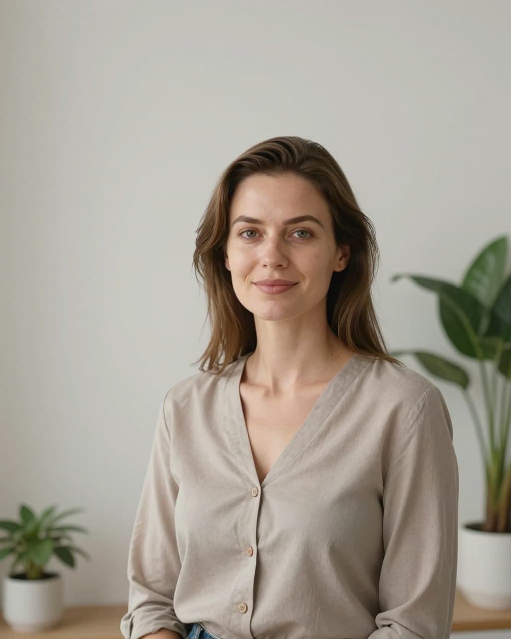 Photorealistic image of a joyful woman in her 40s with fresh, tightened facial skin, smiling naturally in front of a mirror in a modern Scandinavian-style beauty clinic, highlighting jawline and cheeks under soft lighting.