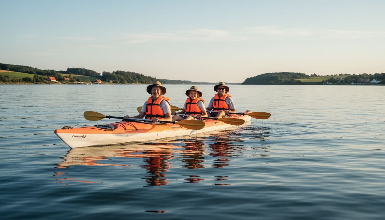 A joyful family with two adults and two children aged 6-10 sits relaxed in a wide sit-on-top kayak on calm waters of a Danish fjord, all wearing orange life jackets, sun hats, and loosely holding paddles, smiling under soft afternoon sunlight in realistic photo style.