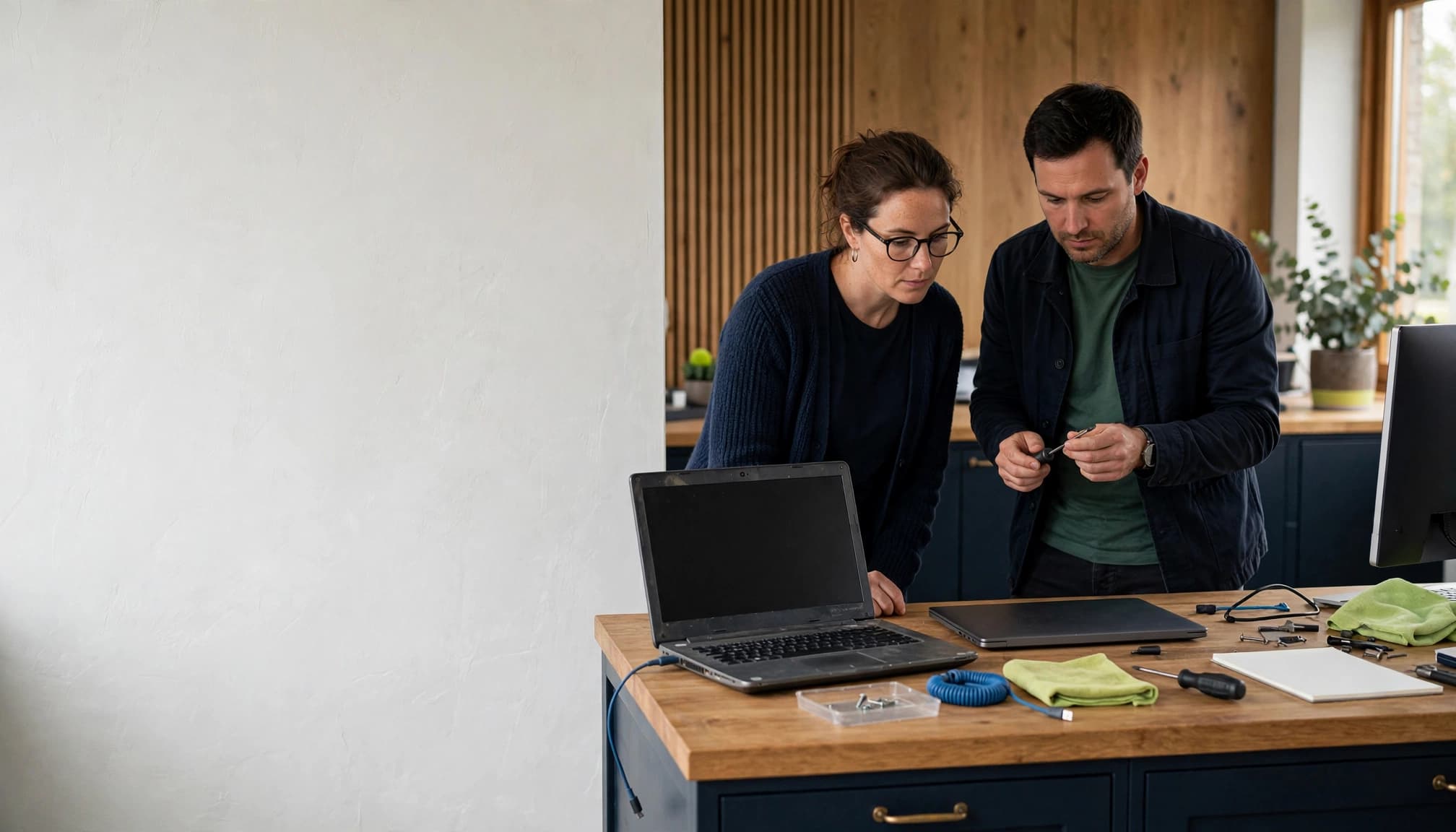 To IT-specialister vurderer bærbare computere ved en arbejdsbænk.