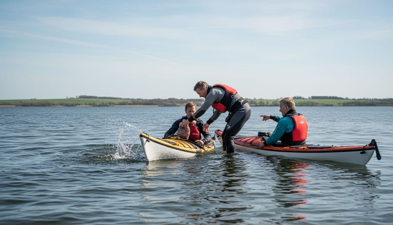 Tre voksne i havkajakker på Roskilde Fjord øver makkerredning med en væltet kajak, instruktør hjælper i solrigt forårsvejr i marts.
