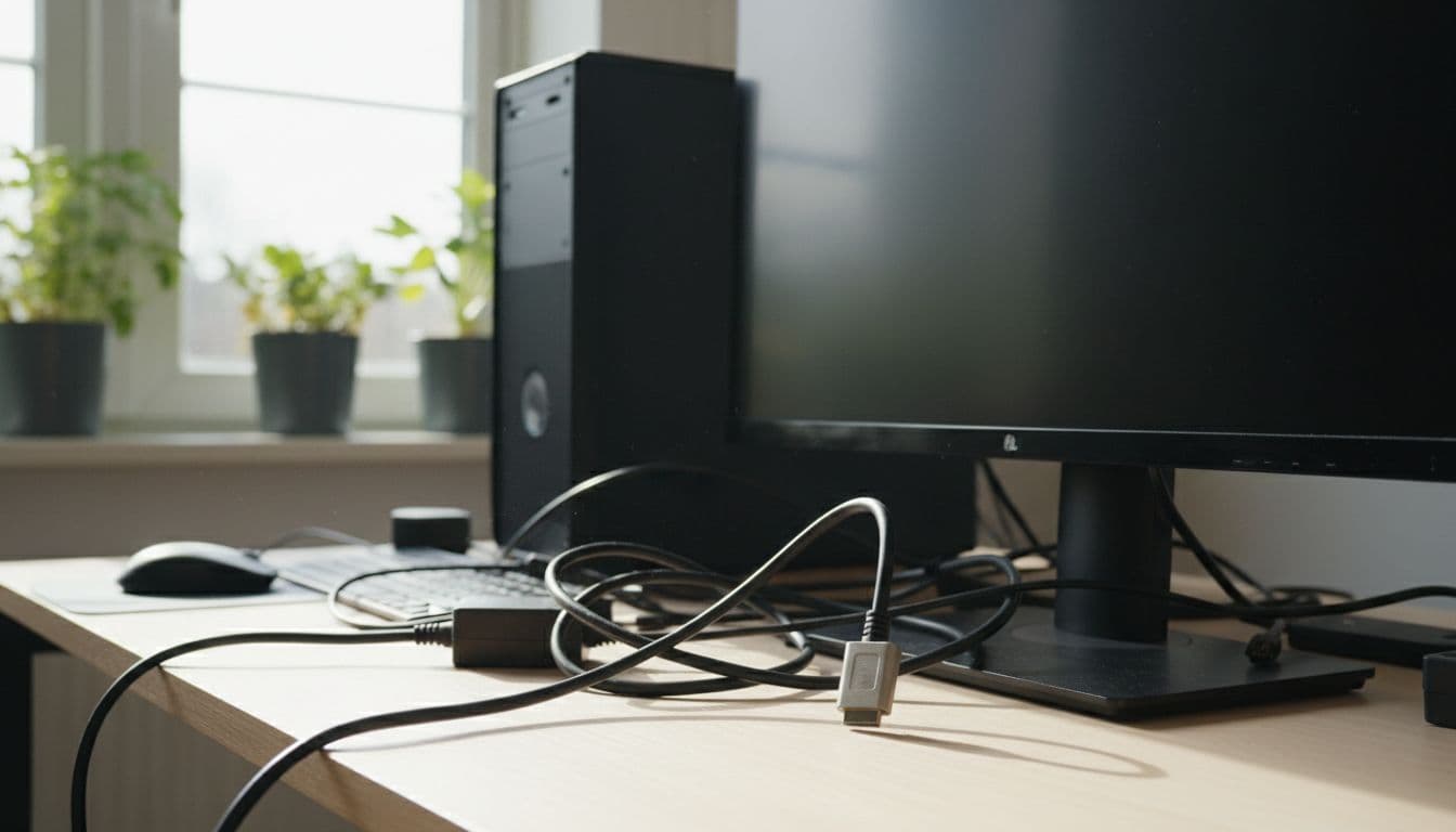 Realistic photo of a desktop PC on a home office desk featuring a black monitor screen and loose power and HDMI cables nearby, illuminated by natural daylight from a window.