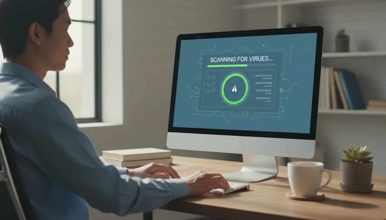 A person sits at a computer in a cozy home office, actively scanning for viruses using antivirus software displayed on the screen. The calm atmosphere features a cup of coffee nearby and natural light streaming from a window, captured in a realistic photo style with only one person present.