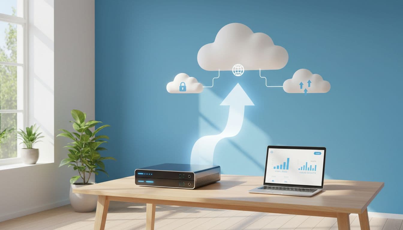 Realistic minimalist illustration of a hybrid backup setup with a local server in a sunny Danish office connected by an arrow to cloud icons, featuring a single laptop displaying a dashboard, no people or text.