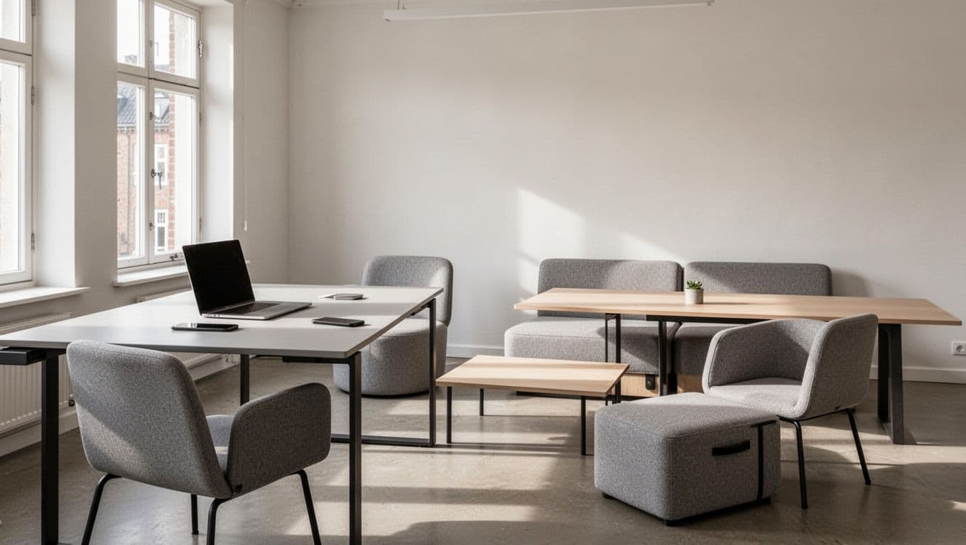 Moderne minimalistisk hybrid kontoropsætning i København efter flytning, med ét skrivebord, laptop, telefon, fleksible møbler til møder, naturligt lys og fokus på fleksibelt arbejdsrum uden personer eller tekst.