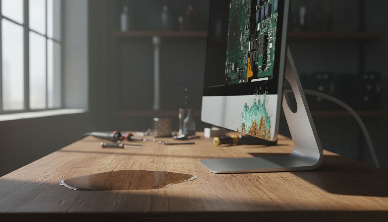 Side view of a modern iMac desktop in a workshop, showing spilled liquid on the table and slight corrosion inside the open chassis under natural lighting.