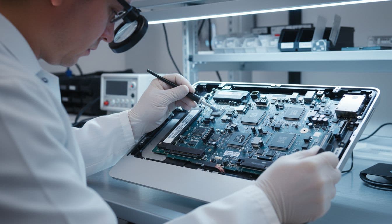 A technician in a white coat opens an iMac in a clean workshop, showing the process of cleaning the logic board with tools and liquid cleaner. The well-lit scene focuses on components, with only hands visible, no text or close-up faces.