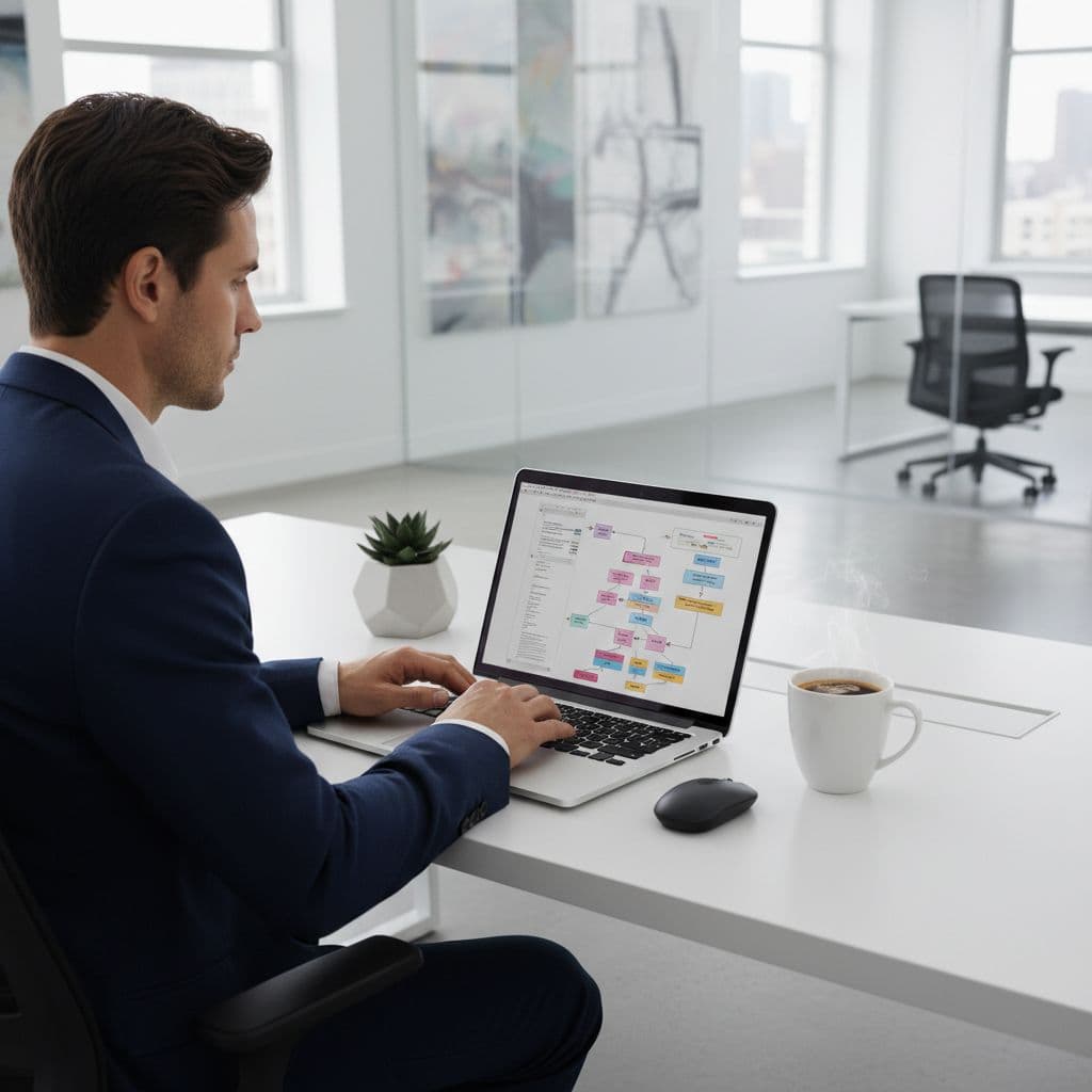Professional IT consultant types on laptop at clean desk next to coffee cup in bright modern office.