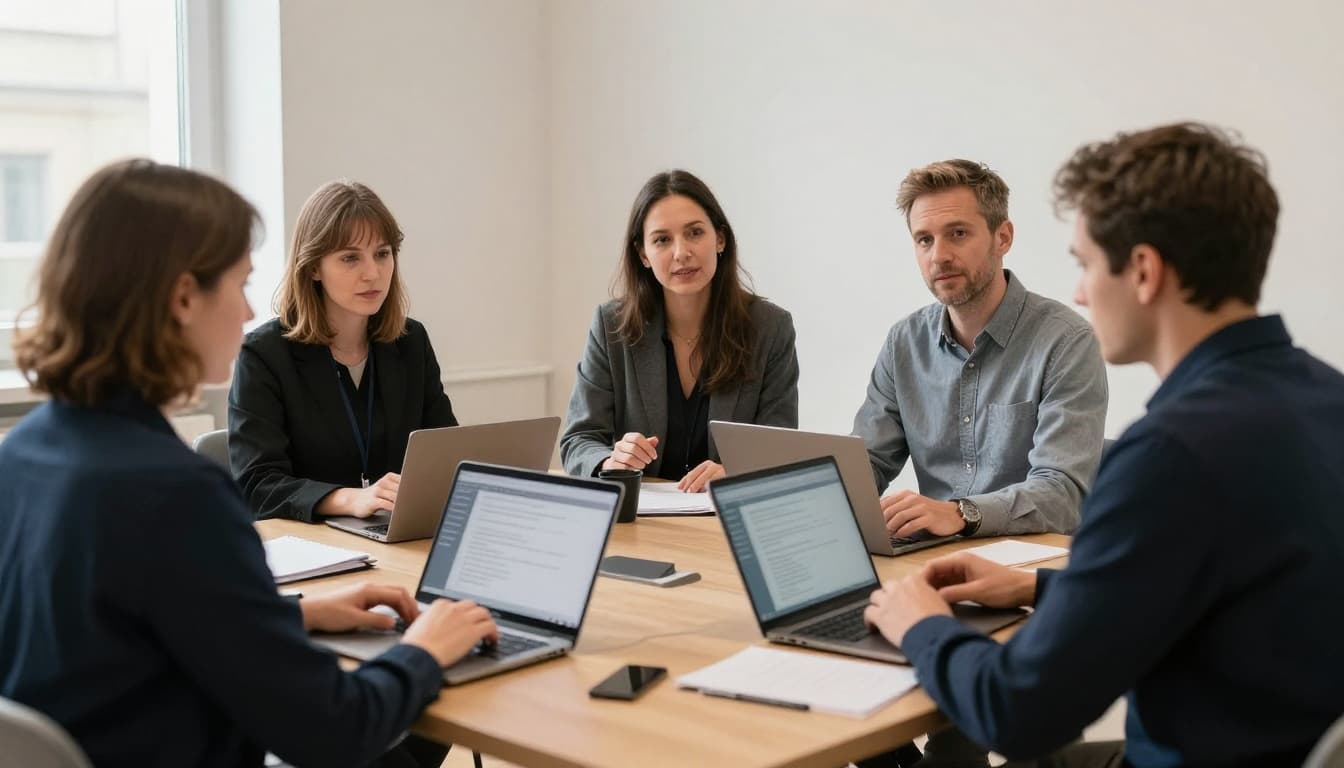 An IT consultant meets two decision-makers from a small business in a bright modern office, discussing IT needs over a laptop and notes, in a professional focused atmosphere with natural daylight.
