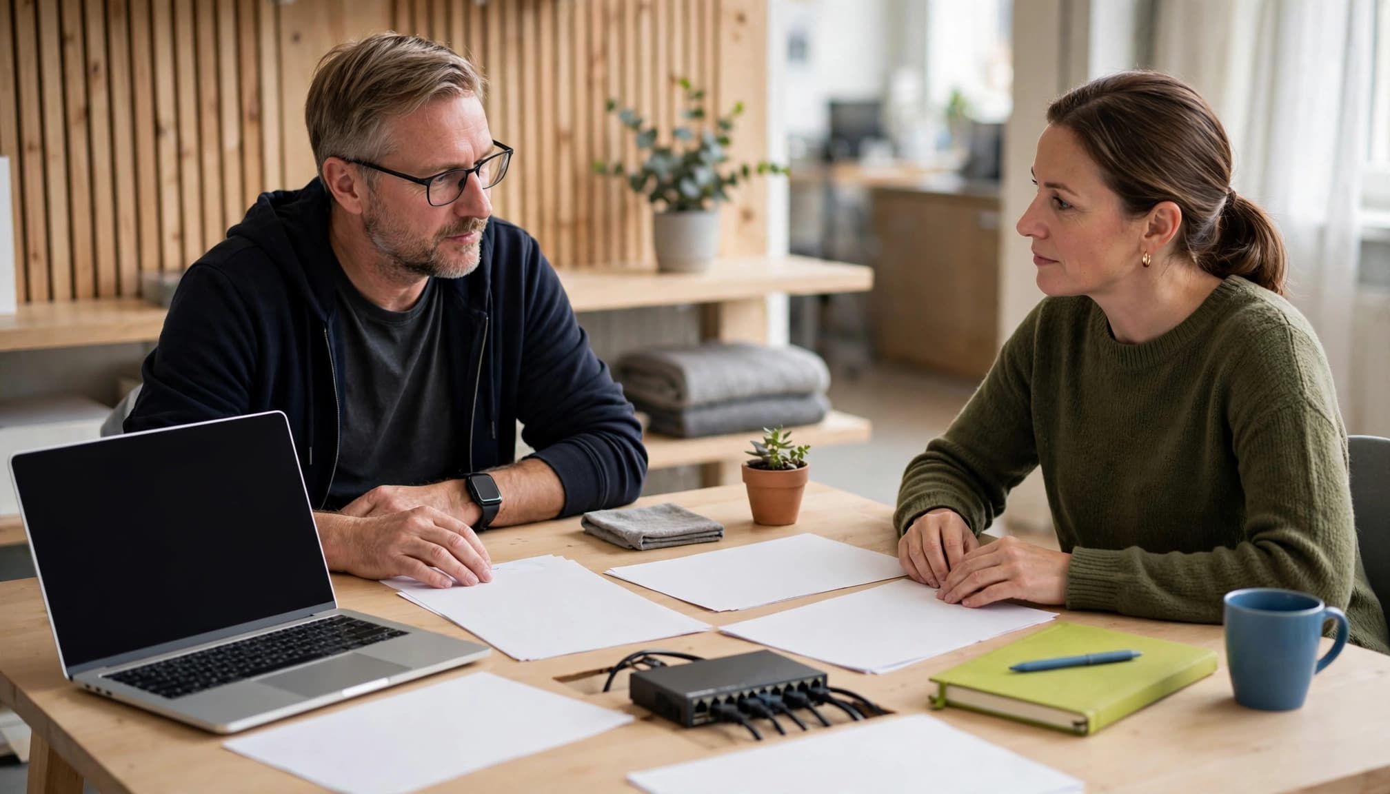 En IT-professionel og en virksomhedsejer gennemgår blanke aftalepapirer ved et lyst kontorbord.