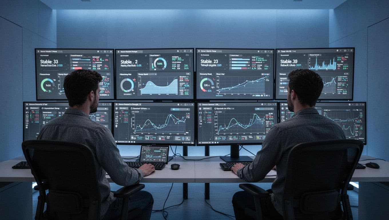 Two IT specialists sit at consoles in a modern control room, overseeing servers and networks with screens displaying stable metrics and graphs under dim blue lighting.