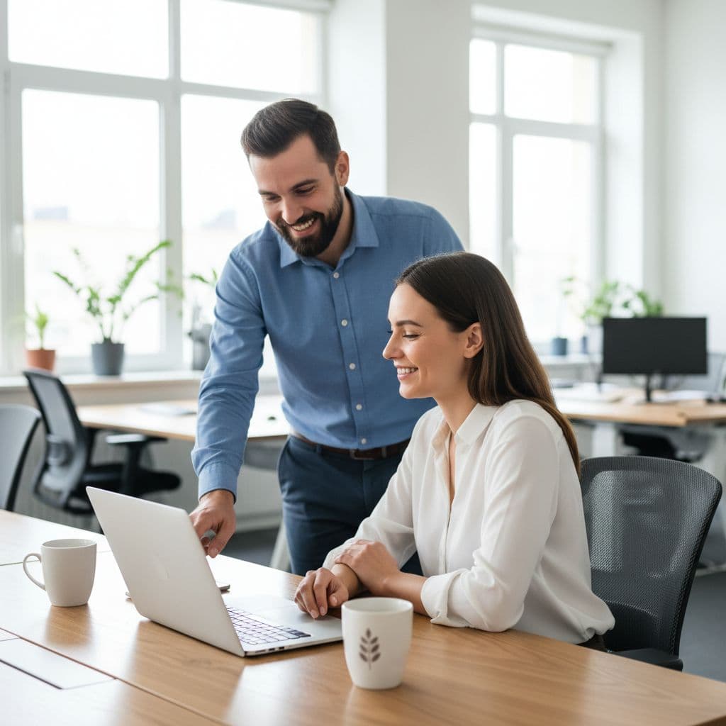 IT technician stands beside seated employee at desk with laptop and two coffee cups in bright modern office.