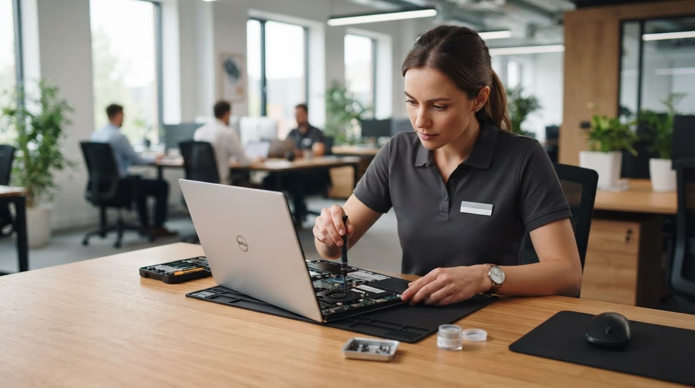En tekniker reparerer en bærbar computer på et træbord.