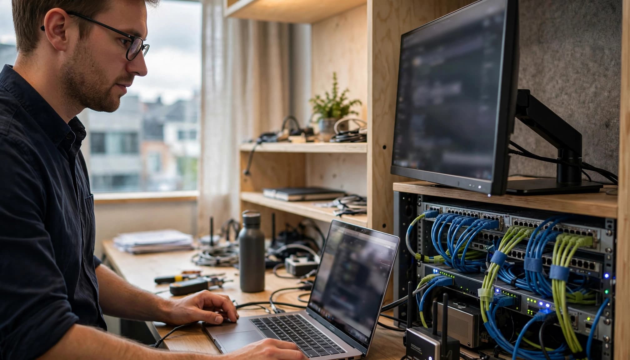 IT-tekniker arbejder ved en arbejdsstation med netværksskab og ordnede kabler.