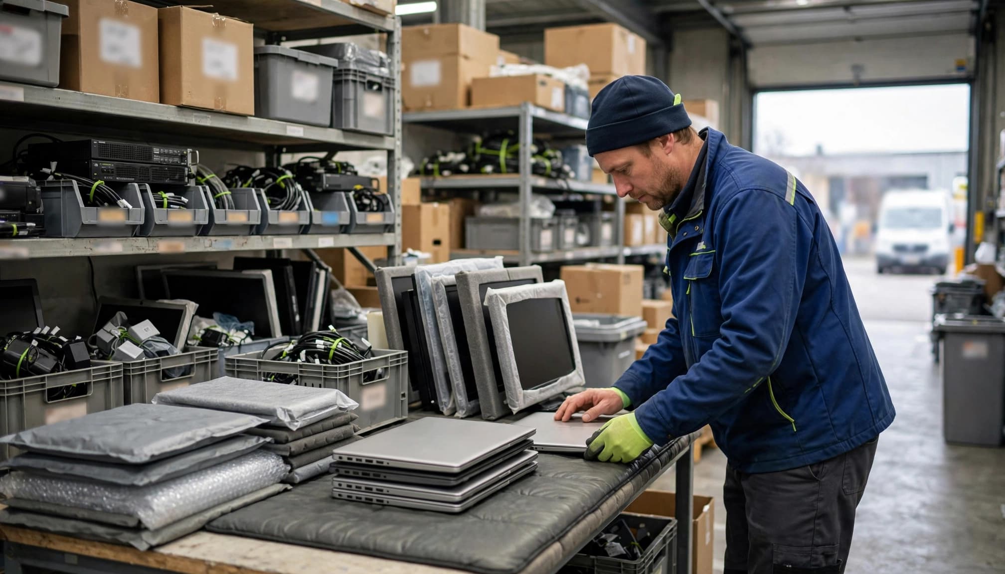 Tekniker placerer en bærbar computer på en arbejdsbænk med skærme og kasser omkring sig.