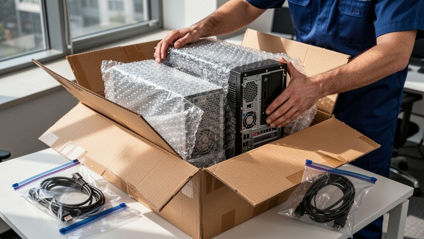 An IT employee carefully packs computers and servers in anti-static material and bubble wrap inside sturdy cardboard boxes in a modern office, with cables organized in bags under natural daylight.