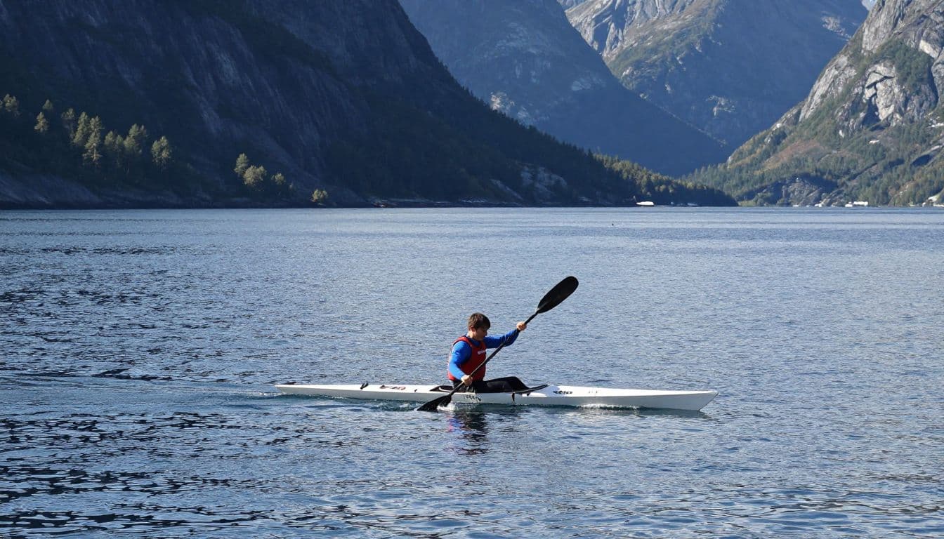 En kajakroer øver padleteknik på en rolig fjord.