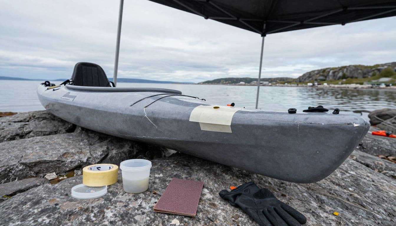 En havkajak med en lille revne og udstyr til en midlertidig lap på en klippefyldt strand.