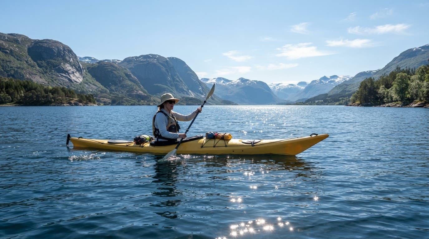 En kajakroer med solhat og solbriller padler på en blå fjord.
