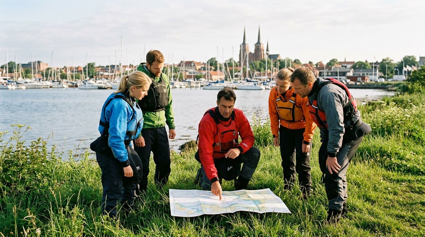 A group of five adults in paddling gear gathers on the grassy shore at Roskilde Harbor for a kayak briefing, with the instructor pointing to a nautical chart spread on the ground amid morning sunlight and a relaxed atmosphere.