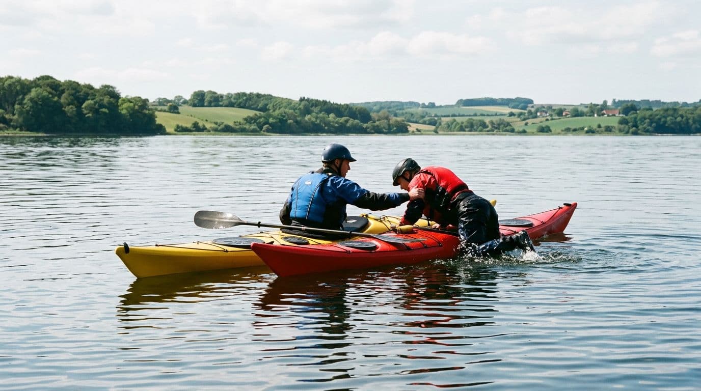 Two sea kayakers perform a controlled buddy rescue on calm waters of Roskilde Fjord during daylight, one assisting the capsized partner wearing a life jacket with an empty kayak floating nearby.