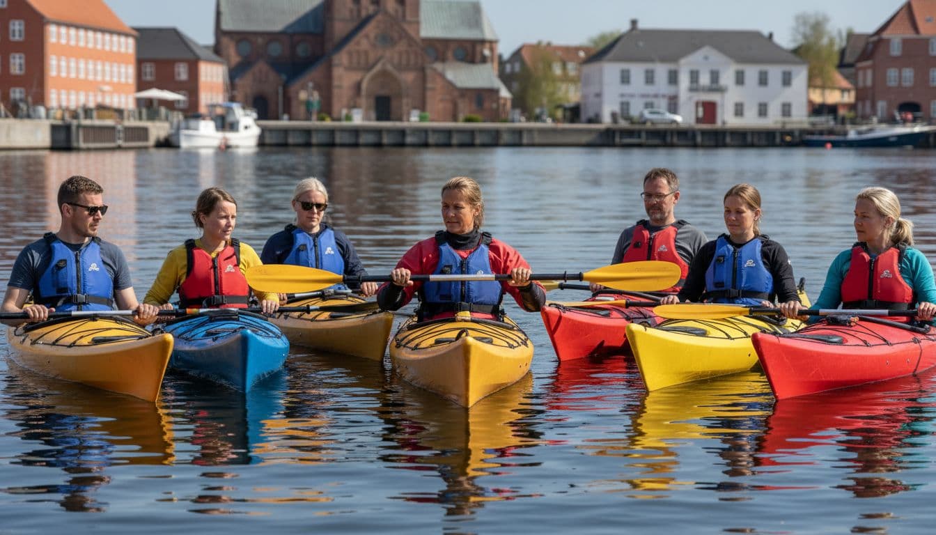 An experienced kayak instructor demonstrates basic paddling technique from a stable sea kayak to a group of six engaged adult employees in kayaks on calm waters in Roskilde Harbor during a sunny May day.