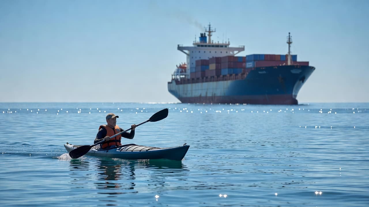 A solitary kayaker paddles across clear blue water, keeping a wide gap from a large, hazy merchant vessel in the distance. Sunlight shimmers across the calm lake surface during the day.