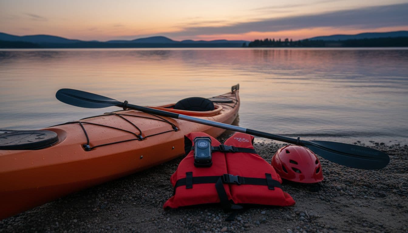 Stable kayak on shore at dusk with safety gear including life vest, paddle, and waterproof headlamp laid out, calm water background, close-up focus on equipment in soft evening light.