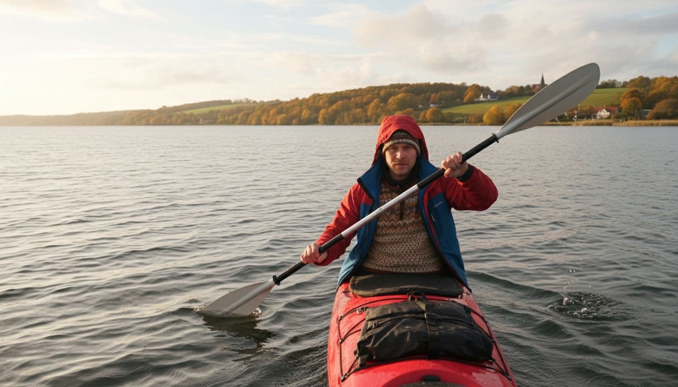 Kayaker wearing wool base, fleece mid, and waterproof jacket paddles calmly in Roskilde Fjord on sunny autumn day.