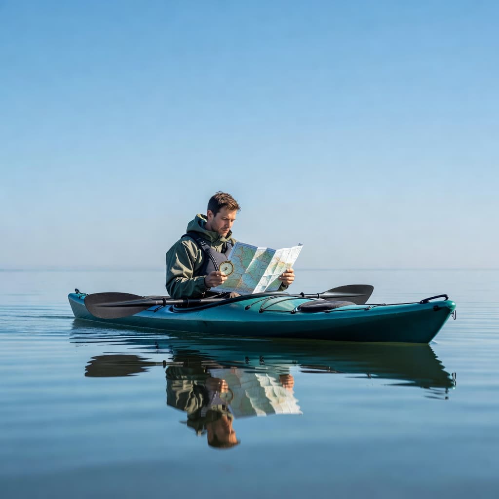 A solo adventurer sits in a bright kayak on smooth blue water, studying a paper map while holding a brass compass. The clear sky reflects off the gentle surface during midday.