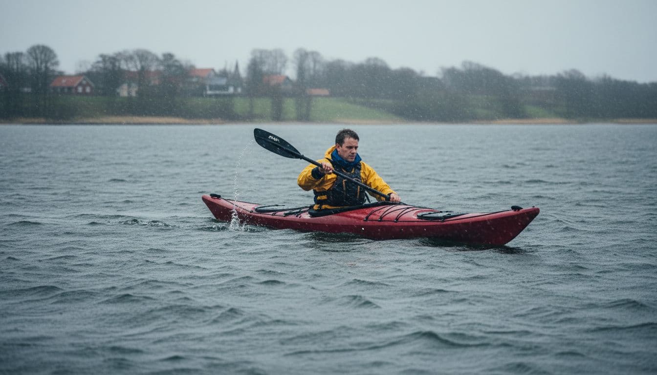 Kayaker wearing fleece, rain jacket, and neoprene pants paddles solo in Roskilde Fjord amid light rain and wind.