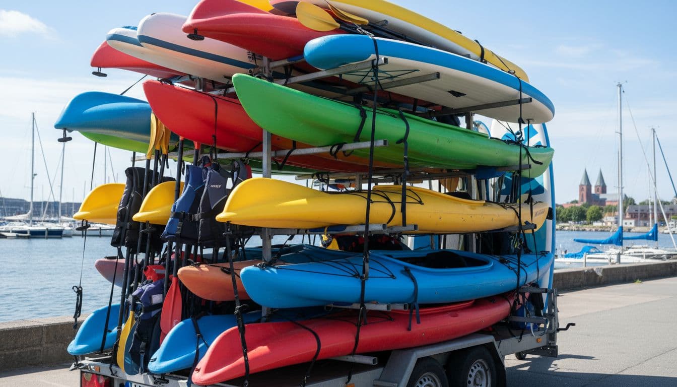 Kayaks and various paddle equipment neatly stacked on a trailer ready for transport at Roskilde Harbor on a sunny day, professional setup focusing solely on gear with no people.
