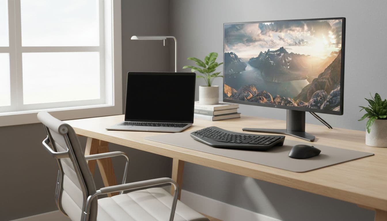 Open laptop on a desk with black internal screen, connected external monitor displaying content, mouse and keyboard beside it in a modern well-lit home office setup. Realistic photo with no people, text, or logos visible.