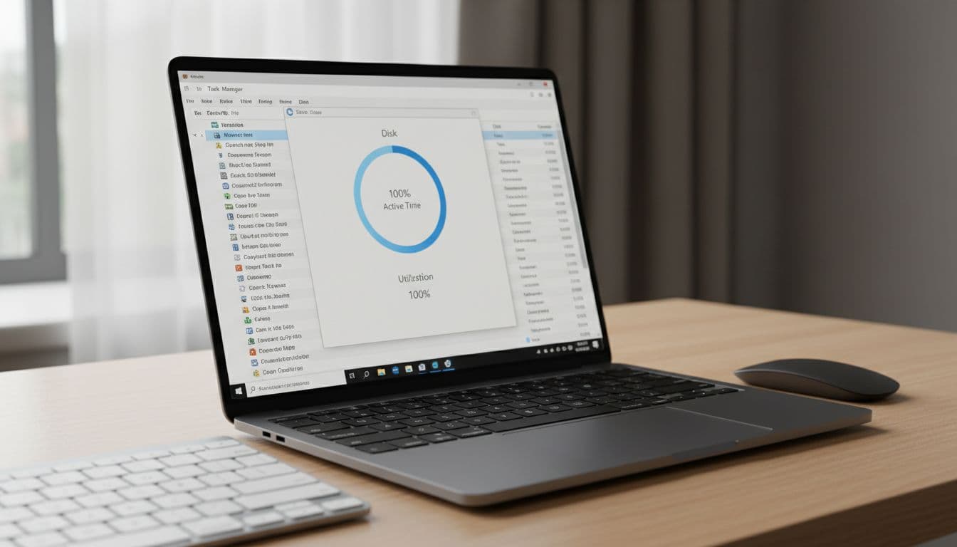 Laptop screen displaying task manager with disk usage at 100%, on a desk with mouse and keyboard, angled realistic view with natural light, focusing on high storage load.