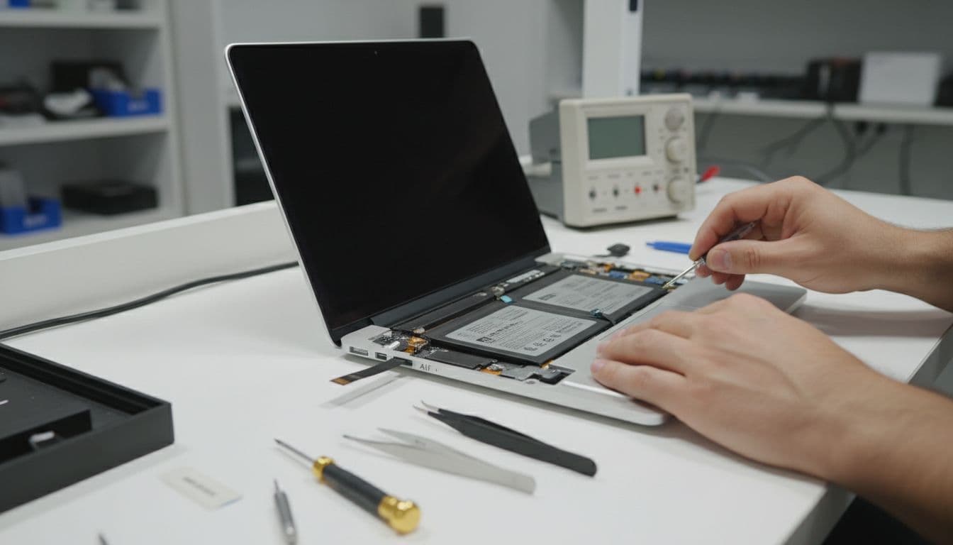 En tekniker arbejder fokuseret på en åben MacBook Air og udskifter batteriet med værktøjer omkring i et rent værksted. Realistisk scene, godt oplyst med kun to hænder synlige, ingen tekst eller ekstra personer.