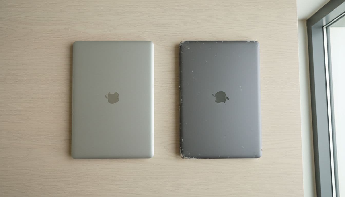 Sleek silver MacBook Air M4 placed next to a worn MacBook Pro Intel on a modern wooden desk, side-by-side highlighting design evolution and age differences in top-down realistic photo with soft natural light.