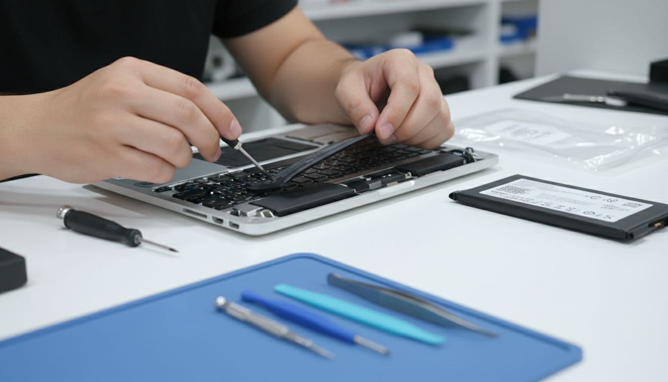 Close-up of a technician's hands replacing the battery inside an open silver MacBook Pro on a white workbench in a repair shop, with precise tools nearby.