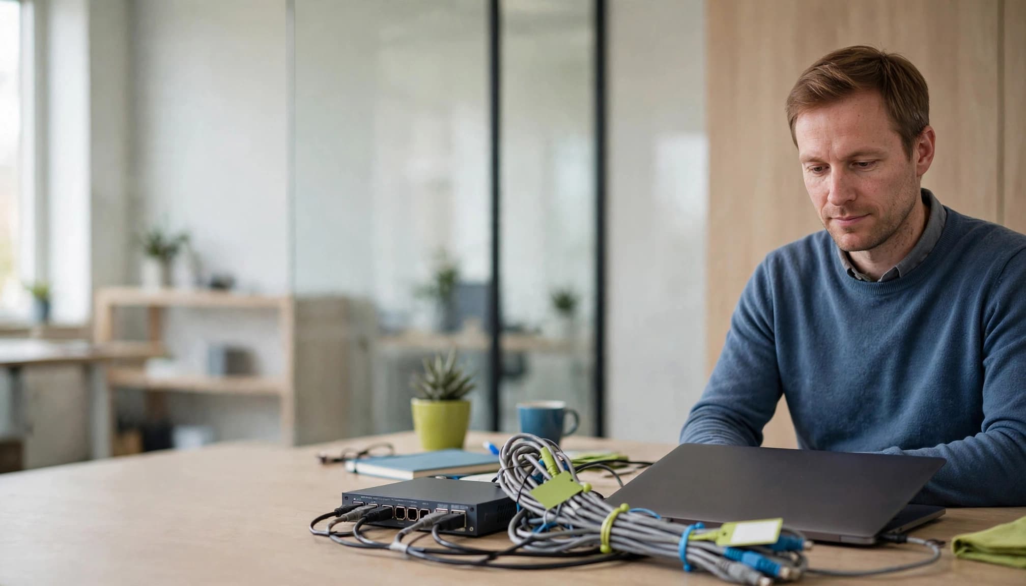 En IT-medarbejder sidder med en laptop, netværksswitch og kabelbundt i et lyst kontor.