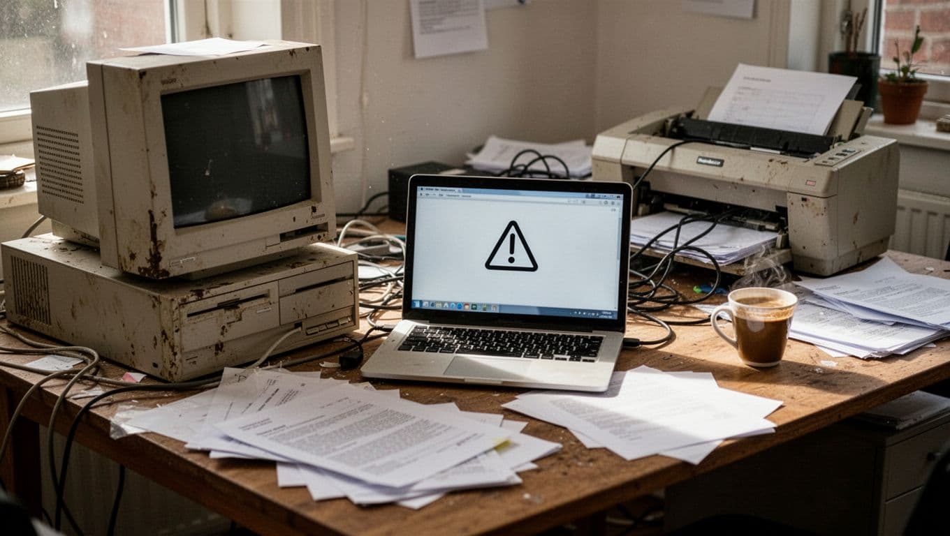 A typical Danish small business office cluttered with outdated computers, tangled cables, an old printer, and a laptop displaying a simple warning icon from an angle. Disorganized desk with scattered papers and coffee mug, in realistic photo style with natural light.